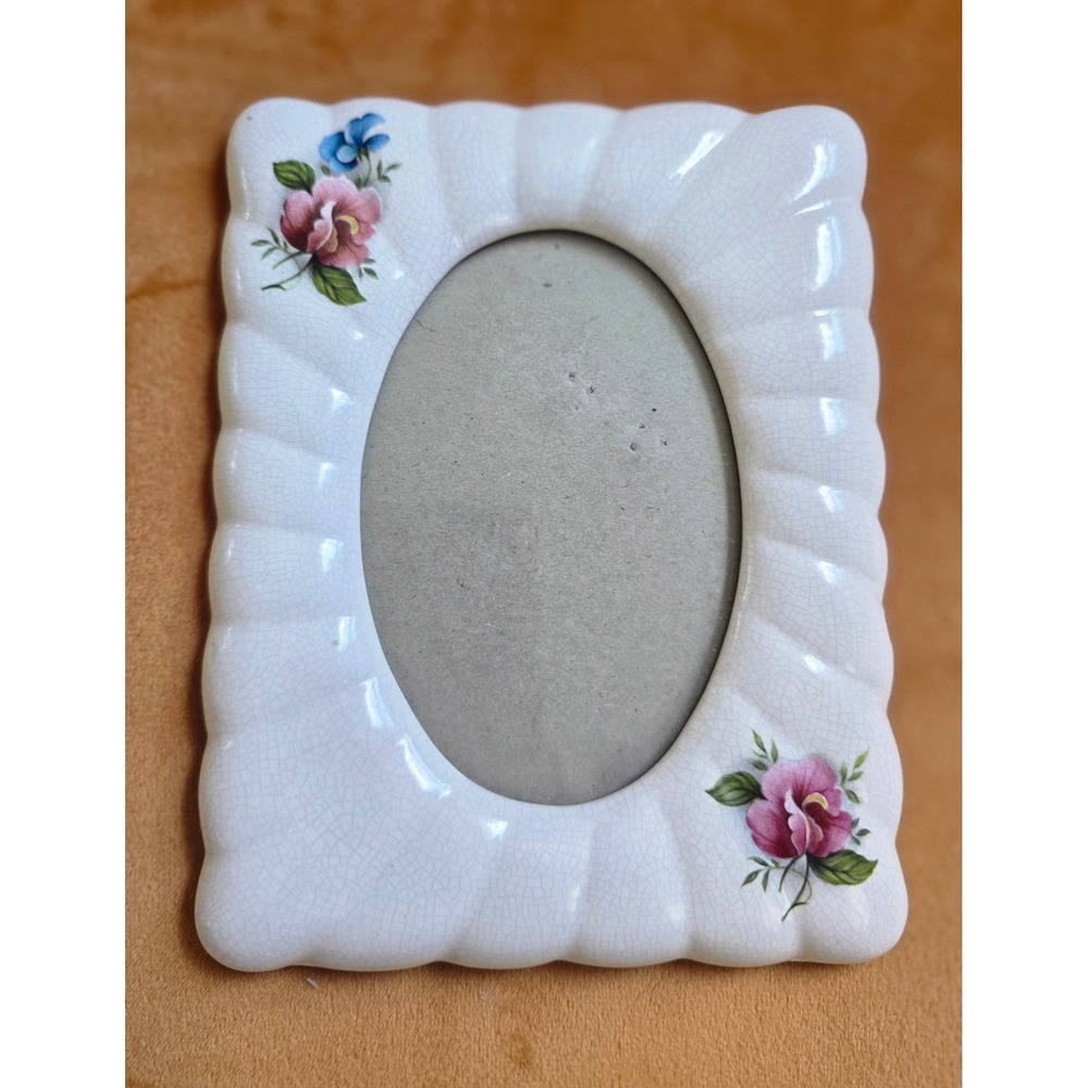 Vintage Ceramic Floral Picture Frame Scalloped Edge Crazed Glaze Oval Opening